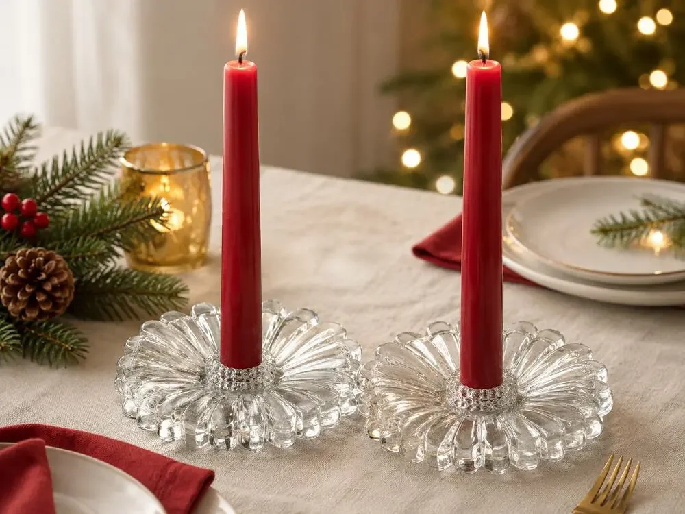 Holiday Entertaining Crystal Taper Candle Holders Pair Christmas Table Floral